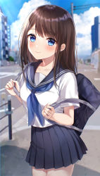 Rule 34 | 1girl, absurdres, bag, blue eyes, blue neckerchief, blue sailor collar, blue skirt, blue sky, blurry, blurry background, blush, breasts, brown hair, building, closed mouth, cloud, collarbone, commentary request, cowboy shot, day, depth of field, hand up, highres, holding, holding bag, holding strap, long hair, looking at viewer, medium breasts, neckerchief, original, outdoors, parum39, pleated skirt, power lines, road, sailor collar, school bag, school uniform, serafuku, shirt, short sleeves, sidewalk, skirt, sky, smile, solo, street, utility pole, white shirt