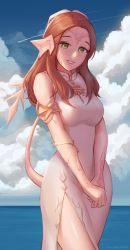 Rule 34 | 1girl, armlet, artist name, au ra, warrior of light (ff14), awan0918, bracelet, breasts, brown hair, cloud, cloudy sky, contrail, cowboy shot, day, dress, final fantasy, final fantasy xiv, freckles, green eyes, highres, horizon, jewelry, long hair, looking at viewer, medium breasts, ocean, outdoors, parted lips, pelvic curtain, sky, sleeveless, sleeveless dress, smile, solo, thighs, v arms, water, white dress