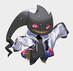 Rule 34 | arms up, bad id, bad twitter id, banette, black eyes, bottomless, clothed pokemon, colored sclera, creatures (company), drawstring, full body, game freak, gen 3 pokemon, grey background, grin, happy, hood, hoodie, jacket, long sleeves, looking at viewer, multicolored clothes, multicolored jacket, newo (shinra-p), nintendo, no humans, open clothes, open jacket, pokemon, pokemon (creature), red sclera, shiny skin, simple background, sleeves past fingers, sleeves past wrists, smile, solo, standing, tail, teeth