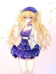 Rule 34 | 1girl, absurdres, blonde hair, blue dress, blue hat, breasts, choker, cleavage, closed mouth, dokibird (vtuber), dragoon (dokibird), dress, feet out of frame, green eyes, hair between eyes, hat, highres, indie virtual youtuber, jacket, large breasts, lisnezuko, long hair, long sleeves, looking at viewer, simple background, solo, standing, twintails, virtual youtuber, white background, white jacket
