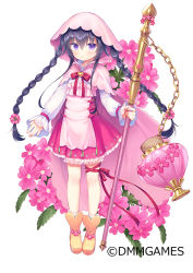 Rule 34 | 1girl, :o, apron, black hair, blush, boots, braid, brown footwear, commentary request, copyright notice, flower, flower knight girl, frilled skirt, frills, full body, hair between eyes, heart, holding, long hair, long sleeves, looking at viewer, name connection, object namesake, official art, parted lips, pink apron, pink flower, puffy long sleeves, puffy sleeves, purple eyes, purple skirt, shirt, sidelocks, simple background, skirt, sleeves past wrists, socks, solo, twin braids, usashiro mani, verbena (flower knight girl), very long hair, watermark, white background, white shirt, white socks