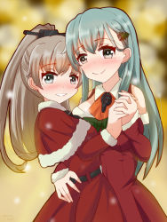 Rule 34 | 2girls, aqua eyes, aqua hair, ascot, blurry, blurry background, brown hair, capelet, commentary request, dress, fur-trimmed capelet, fur-trimmed dress, fur trim, green eyes, hair ornament, hairclip, highres, holding, holding clothes, kantai collection, long hair, looking at viewer, multiple girls, official alternate costume, orange ascot, ponytail, red capelet, red dress, sawatani (chevalier 04056), smile, suzuya (kancolle)