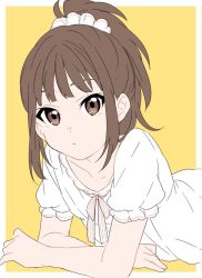 Rule 34 | 1girl, arm support, brown eyes, brown hair, closed mouth, commentary request, hisami nanami, looking at viewer, lying, nightgown, on stomach, ponytail, puffy short sleeves, puffy sleeves, scrunchie, sekina, short sleeves, solo, upper body, wake up girls!, yellow background