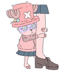 Rule 34 | 1boy, 1girl, antlers, bocchi the rock!, cosplay, flat color, full body, gotoh hitori, gotoh hitori (cosplay), hair bobbles, hair ornament, hat, holding leg, horns, jacket, legs, lower body, one piece, out of frame, pink jacket, pleated skirt, purple skirt, scared, simple background, skirt, standing, tony tony chopper, top hat, trembling, white background, yunayuispink