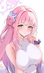 Rule 34 | 1girl, absurdres, angel wings, blue archive, blush, breasts, byakko 0410, crescent, crescent pin, dress, flower, hair bun, hair flower, hair ornament, halo, hand up, highres, large breasts, long hair, mika (blue archive), parted lips, pink hair, pink halo, purple flower, purple scrunchie, scrunchie, simple background, single side bun, sleeveless, sleeveless dress, solo, upper body, white background, white dress, white wings, wings, wrist scrunchie, yellow eyes