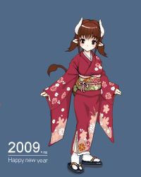 Rule 34 | 00s, 1girl, 2009, blush, brown eyes, brown hair, cow tail, esora koto, floral print, horns, japanese clothes, kimono, lowres, new year, obi, oekaki, original, pointy ears, sandals, sash, short hair, short twintails, simple background, socks, solo, standing, tabi, tail, twintails