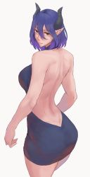 Rule 34 | 1girl, ass, back, bare back, bare shoulders, blue dress, breasts, butt crack, demon girl, demon horns, dress, feet out of frame, from side, highres, horns, kinsou no vermeil, large breasts, looking to the side, medium hair, meme attire, mikame v2, open mouth, parted lips, pointy ears, purple hair, red eyes, sideboob, smile, solo, standing, vermeil (kinsou no vermeil), virgin killer sweater, white background