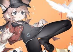 1girl absurdres animal_ear_fluff animal_ears arknights bird black_choker black_hat black_nails black_pantyhose black_shirt blush bow braid chinese_commentary choker commentary_request covered_navel dorsiflexion ears_through_headwear eyelashes fang feet flat_chest foot_out_of_frame fox_ears fox_girl grey_eyes hat highres jacket legs meiwei_de_jianbing no_shoes open_clothes open_jacket open_mouth orange_background pantyhose red_bow red_jacket shirt simple_background soles solo sussurro_(arknights) sweatdrop thighs toes