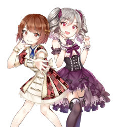 Rule 34 | 10s, 2girls, across the stars, brown hair, dress, drill hair, epaulettes, gothic lolita, idolmaster, idolmaster cinderella girls, idolmaster cinderella girls starlight stage, kanzaki ranko, lolita fashion, long hair, multiple girls, open mouth, plaid, plaid dress, real life, red eyes, voice actor, voice actor connection, short hair, silver hair, smile, sunege (hp0715), thighhighs, twin drills, twintails, uchida maaya