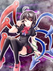 Rule 34 | 1girl, ;d, ahoge, asymmetrical wings, black dress, black hair, black thighhighs, blush, dress, hand on own face, highres, houjuu nue, looking at viewer, mary janes, one eye closed, open mouth, outline, pointy ears, polearm, red eyes, reimei (r758120518), ribbon, round teeth, shoes, short hair, sitting, sitting on object, smile, snake, solo, space, star (sky), teeth, thighhighs, touhou, trident, v, weapon, wings