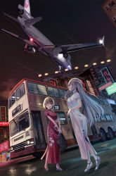 Rule 34 | 2girls, absurdres, aircraft, airplane, alexandra viktorovna dashkova (tukikagerou), aqua eyes, breasts, brown hair, bus, china dress, chinese clothes, commission, copyright request, double-decker bus, dress, grey hair, highres, hong kong, large breasts, md-11, medium hair, motor vehicle, multiple girls, night, png pant (bus), red dress, red eyes, sharifah ozdil (tukikagerou), side slit, skeb commission, white dress