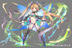 Rule 34 | 1girl, :d, bare shoulders, black sleeves, black thighhighs, blue footwear, blue wings, blush, breasts, brown hair, buta tamako, collarbone, commentary request, copyright notice, covered collarbone, dagger, detached sleeves, fairy wings, fang, flower, full body, glowing, glowing weapon, gluteal fold, gradient hair, grey background, hair ribbon, highres, holding, knife, light brown hair, lily of the valley, long hair, long sleeves, looking at viewer, multicolored hair, navel, official art, open mouth, otogi frontier, red eyes, ribbon, shoes, sidelocks, simple background, small breasts, smile, solo, thighhighs, tinkerbell (otogi frontier), twintails, v-shaped eyebrows, very long hair, watermark, weapon, wings