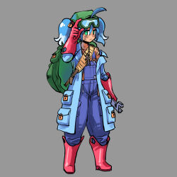 Rule 34 | 1girl, adapted costume, ahoge, backpack, bag, blue dress, blue hair, blue overalls, boots, closed mouth, commentary, dress, english commentary, full body, gloves, goggles, green eyes, green headwear, grey background, highres, holding, holding wrench, kaibootsu, kawashiro nitori, keyhole, looking at viewer, overalls, pocket, red footwear, red gloves, short hair, simple background, solo, standing, touhou, two side up, wrench