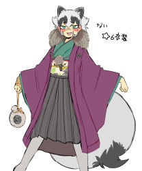 Rule 34 | 1girl, alternate costume, animal ears, bandaged hand, bandages, bandaid, bandaid on face, bandaid on nose, black hair, blush, ear blush, feet out of frame, fur collar, furrowed brow, gourd, green eyes, grey hair, highres, holding, igarashi (nogiheta), inugami gyoubu (kemono friends), japanese clothes, kemono friends, kimono, looking at viewer, medium hair, multicolored hair, open mouth, pantyhose, simple background, smile, solo, standing, standing on one leg, tail, two-tone hair, white background, wide sleeves
