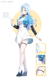 Rule 34 | 1girl, absurdres, antenna hair, artist name, black footwear, blue hair, breasts, character name, collared shirt, commentary request, english text, green eyes, high-waist skirt, highres, large breasts, layered shirt, light blue hair, long hair, long sleeves, looking at viewer, open mouth, original, puffy short sleeves, puffy sleeves, shirt, short sleeves, simple background, skirt, smile, socks, solo, standing, thigh strap, thighs, turtleneck, white background, white skirt, yuriniel