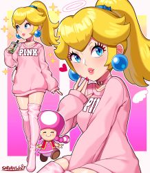 Rule 34 | 1up, 2girls, absurdres, blonde hair, blue eyes, boots, bubble tea, casual, earrings, heart, highres, jewelry, looking at viewer, mario (series), multiple girls, nintendo, oversized clothes, pearl earrings, pink sweater, pink thighhighs, ponytail, princess peach, sarukaiwolf, sweater, thigh boots, thighhighs, toadette