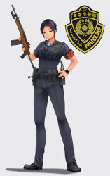 Rule 34 | 1girl, badge, belt, black eyes, black hair, full body, gun, hand on own hip, highres, holding, holding gun, holding weapon, holstered, onibi (foxhound4185), original, police, police uniform, policewoman, radio, rifle, ruger mini-14, short hair, short sleeves, solo, standing, uniform, watch, weapon