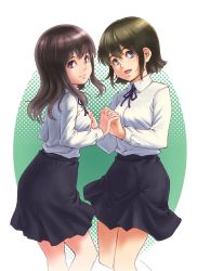 Rule 34 | 10s, 2girls, :d, bad id, bad pixiv id, bare legs, black hair, black skirt, blue eyes, blush, bow, bowtie, breasts, brown hair, closed mouth, collared shirt, female focus, happy, head tilt, highres, holding hands, interlocked fingers, kosai takayuki, legs, long hair, long sleeves, looking at viewer, looking back, medium breasts, mole, mole under eye, multiple girls, neck, open mouth, purple eyes, shirt, short hair, skirt, small breasts, smile, standing, wake up girls!, white shirt, yuri