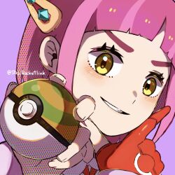Rule 34 | 1girl, arched bangs, creatures (company), crossed wrists, eyelashes, game freak, gloves, hair ornament, hairclip, highres, holding, holding poke ball, lacey (pokemon), looking at viewer, medium hair, nest ball, nintendo, pink hair, poke ball, pokemon, pokemon sv, red gloves, single glove, smile, solo, yellow eyes, yomogi dango (sbj rocketlink)