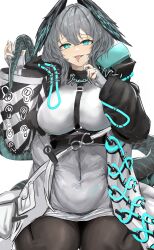Rule 34 | 1girl, absurdres, aqua nails, arknights, black pantyhose, blue eyes, breasts, dress, fangs, fingerless gloves, gloves, grey hair, hair between eyes, hands up, head wings, highres, ho&#039;olheyak (arknights), holding own tail, large breasts, long sleeves, looking at viewer, medium breasts, nail polish, open mouth, pantyhose, putcho, simple background, sitting, snake tail, solo, tail, tongue, tongue out, wariza, white background, white dress, white gloves, wings