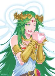 Rule 34 | 1girl, ;d, armlet, artist name, bare shoulders, belt, bracer, circlet, collarbone, dress, female focus, green eyes, green hair, hands up, happy, headpiece, heart, heart hands, jewelry, kid icarus, kid icarus uprising, long hair, looking at viewer, lots of jewelry, neck, neck ring, necklace, nintendo, one eye closed, open mouth, palutena, pendant, pockypalooza, round teeth, smile, solo, strapless, strapless dress, super smash bros., teeth, upper body, very long hair, white dress, wink
