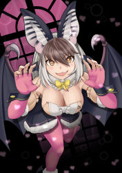 Rule 34 | 1girl, absurdres, animal costume, animal ears, bare shoulders, bat ears, bat girl, bat wings, bow, bowtie, breasts, brown eyes, brown hair, brown long-eared bat (kemono friends), cleavage, elbow gloves, extra ears, fingerless gloves, gloves, grey hair, highres, kawanami eito, kemono friends, kemono friends v project, large breasts, leotard, long hair, looking at viewer, multicolored hair, night, open mouth, pantyhose, scarf, skirt, solo, virtual youtuber, wings