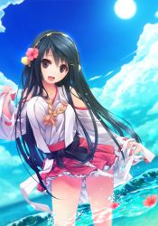 Rule 34 | 10s, 1girl, :d, bare shoulders, black hair, blush, brown eyes, cloud, day, detached sleeves, flower, hair flower, hair ornament, hairband, haruna (kancolle), hibiscus, ichikawa noa, japanese clothes, kantai collection, long hair, nontraditional miko, open mouth, partially underwater shot, petals, skirt, sky, smile, soaking feet, solo, sun, thighhighs, underwater, wading, water