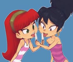 Rule 34 | 2girls, atomic betty, bare arms, bare shoulders, betty (atomic betty), black hair, blue background, blunt bangs, breasts, cartoon network, child, collarbone, conoghi, earrings, eyebrows, eyeshadow, food, green eyes, hairband, high ponytail, holding, jewelry, licking, long hair, makeup, multiple girls, one-piece swimsuit, outline, penelope lang, pink one-piece swimsuit, popsicle, red hair, sexually suggestive, shiny skin, simple background, skinny, small breasts, striped clothes, striped one-piece swimsuit, sweatdrop, swimsuit, tongue, tongue out, upper body, white outline