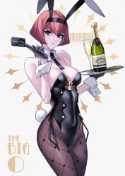 Rule 34 | 1girl, :&lt;, alcohol, alternate costume, animal ears, bags under eyes, ban! (bansankan), barcode, bare shoulders, between fingers, black eyes, black gloves, bob cut, breasts, brown pantyhose, card, card between fingers, champagne, champagne flute, character name, cleavage, copyright name, cowboy shot, cup, detached collar, drinking glass, fishnet pantyhose, fishnets, gloves, highres, id card, leotard, lips, looking to the side, pantyhose, playboy bunny, r dorothy wayneright, rabbit ears, red hair, simple background, solid circle pupils, solo, the big o, thighs, tray, wrist cuffs