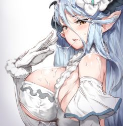 Rule 34 | 10s, 1girl, blue hair, blush, breasts, cum, cum on body, cum on breasts, cum on hair, cum on upper body, cum string, draph, elbow gloves, facial, gloves, granblue fantasy, horns, huge breasts, izmir, long hair, mole, mole under mouth, neo-masterpeacer, open mouth, pointy ears, simple background, solo, white background, white gloves, yellow eyes