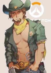 Rule 34 | 1boy, abs, bandana, bare pectorals, belt, brown eyes, brown hair, cassidy (overwatch), cigar, copyright name, cowboy hat, denim, facial hair, goatee, green jacket, hands in pockets, hat, jacket, jeans, large pectorals, looking at viewer, male focus, navel, nipples, open clothes, open jacket, overwatch, overwatch 1, pants, pectorals, short hair, sokimi (sosojovan), solo, stomach, toned, toned male, torn clothes, torn jacket, upper body, yellow bandana, yellow neckwear