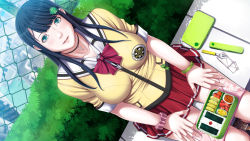 Rule 34 | 1girl, black hair, blue eyes, blush, breasts, cross, cross necklace, fence, food, fork, game cg, grass, highres, large breasts, legs, long hair, looking at viewer, p/a: potential ability, rice, school uniform, sei shoujo, sitting, skirt, smile, solo, takajyou yuna, thighs