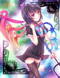Rule 34 | 1girl, animal, asymmetrical wings, bad id, bad pixiv id, black dress, black hair, black thighhighs, blue bow, blue bowtie, bow, bowtie, dress, fingernails, highres, holding, holding weapon, houjuu nue, light smile, looking at viewer, polearm, red bow, red bowtie, red eyes, short hair, short sleeves, skura01, smile, snake, solo, star (sky), thighhighs, tongue, tongue out, touhou, trident, walking, weapon, wings, zettai ryouiki
