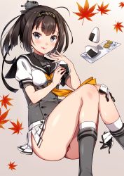 Rule 34 | 10s, 1girl, :q, akizuki (kancolle), autumn leaves, bad id, bad pixiv id, blush, boots, breasts, clothes writing, corset, eating, eyebrows, food, food on face, gloves, grey eyes, grey footwear, grey hat, hairband, hat, highres, holding, holding food, kantai collection, kat (bu-kunn), knee boots, kneehighs, knees together feet apart, knees up, licking lips, long hair, looking at viewer, neckerchief, onigiri, panties, pantyshot, plate, pleated skirt, ponytail, red panties, school uniform, serafuku, short sleeves, side slit, sitting, skirt, small breasts, socks, solo, tongue, tongue out, underwear, unworn gloves, upskirt, white gloves, white skirt, white socks