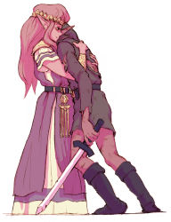 Rule 34 | 1boy, 1girl, belt, blonde hair, couple, dress, elf, full body, grin, hat, head on another&#039;s shoulder, holding, hug, injury, link, long hair, nintendo, pink dress, pointy ears, princess zelda, sidelocks, smile, sword, the legend of zelda, the legend of zelda: a link to the past, tiara, tired, torn clothes, weapon