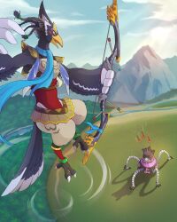Rule 34 | 1boy, animal feet, arijuno, armor, arms up, arrow (projectile), artist name, battle, beak, bird boy, bird legs, bird tail, blue eyes, blue fur, blue hair, blue scarf, blue sky, blush stickers, body fur, bow (weapon), braid, breastplate, claws, cloud, day, eye contact, forest, from above, full body, furry, furry male, green eyes, guardian (zelda), hair tie, highres, holding, holding bow (weapon), holding weapon, leg warmers, light rays, looking at another, looking down, looking up, male focus, midair, motion blur, mountain, nature, nintendo, one-eyed, open mouth, outdoors, quad tails, revali, rito, river, robot, scarf, short hair, shoulder pads, signature, sky, sunlight, tail, the legend of zelda, the legend of zelda: breath of the wild, tree, twitter username, two-tone fur, weapon, white fur, wind, winged arms, wings