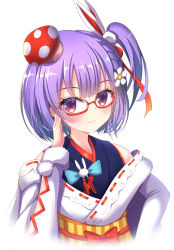 Rule 34 | 1girl, adjusting eyewear, bespectacled, blush, commentary request, flower, food-themed hair ornament, glasses, hair flower, hair ornament, japanese clothes, kakeyu, looking at viewer, mushroom hair ornament, red eyes, side ponytail, simple background, smile, solo, tenjin kotone, tenjin kotone (channel), virtual youtuber, white background