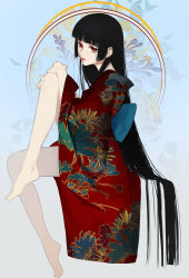 Rule 34 | 1girl, absurdres, bare legs, barefoot, black hair, blunt bangs, closed mouth, commentary request, enma ai, feet, floral print, floral print kimono, flower, from side, full body, highres, hime cut, japanese clothes, jigoku shoujo, kimono, legs, long hair, long sleeves, looking at viewer, obi, red eyes, red kimono, san-chun, sash, sitting, solo, spider lily, very long hair, wide sleeves