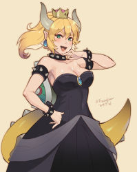 Rule 34 | 1girl, alternate eye color, bare shoulders, black dress, blush, bowsette, bracelet, breasts, brooch, cleavage, collar, cowboy shot, dated, dress, foxvulpine, green eyes, hair between eyes, hand on own hip, hand to own mouth, horns, jewelry, laughing, looking at viewer, mario (series), medium breasts, new super mario bros. u deluxe, nintendo, outline, pink lips, ponytail, see-through, sharp teeth, shiny skin, sidelocks, simple background, solo, spiked bracelet, spiked collar, spiked shell, spiked tail, spikes, strapless, strapless dress, super crown, tail, teeth, toned, twitter username