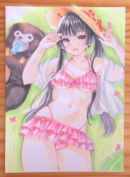 Rule 34 | 1girl, azur lane, bikini, black hair, blunt bangs, breasts, bug, butterfly, flower, food, frilled bikini, frills, hands up, hat, hat flower, highres, horns, insect, long hair, looking at viewer, lying, marker (medium), medium breasts, navel, official alternate costume, on back, on grass, oni horns, open mouth, photo (medium), pink bikini, pink nails, popsicle, purplepencil, red eyes, red horns, sakawa (azur lane), sakawa (icy indulgence) (azur lane), smile, stomach, straw hat, sun hat, swimsuit, traditional media