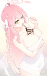 Rule 34 | 1girl, ahoge, arm under breasts, bare arms, bare shoulders, between breasts, blue archive, blush, bow, braid, breasts, chocolate milk, cleavage, collarbone, drinking straw, food between breasts, gradient background, green eyes, hair bow, halo, hanako (blue archive), highres, huge breasts, light smile, long hair, milk, milk carton, naked towel, parsleyshrimp, pink hair, pink halo, single braid, solo, thighs, towel, white background, white bow, white towel, yellow background