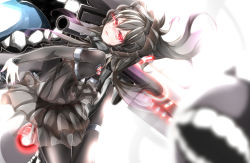 Rule 34 | 10s, abyssal ship, arched back, black dress, black hair, black legwear, blurry, bonnet, cannon, depth of field, dress, enemy aircraft (kancolle), frills, glowing, glowing eyes, gothic lolita, high heels, horns, isolated island oni, kantai collection, leaning back, leg lift, leg up, light, lolita fashion, long hair, looking at viewer, nail polish, natsume (azisaisuki1), open mouth, pale skin, pantyhose, pink nails, red eyes, standing, standing on one leg