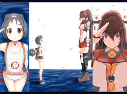 Rule 34 | 10s, 2girls, blush, clothes writing, diving mask, from side, goggles, hair ornament, headgear, height difference, highres, kantai collection, letterboxed, light smile, long hair, looking at another, looking at viewer, maru-yu (kancolle), multiple girls, multiple views, one-piece swimsuit, open mouth, petals, ponytail, pov, profile, salute, school swimsuit, short hair, single thighhigh, standing, standing on liquid, sukage, swimsuit, thighhighs, water, white school swimsuit, white one-piece swimsuit, yamato (kancolle)