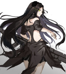 Rule 34 | 1girl, bare shoulders, black dress, black hair, clothing cutout, commentary request, cowboy shot, dreamer (girls&#039; frontline), dress, evil grin, evil smile, eye trail, from behind, girls&#039; frontline, green eyes, grin, headgear, highres, holding, holding weapon, light trail, long hair, looking back, marche mk14, sangvis ferri, simple background, smile, solo, very long hair, weapon