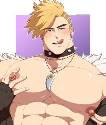 Rule 34 | 1boy, abs, artist name, bara, blonde hair, blue eyes, chou (mobile legends), coat, collar, covered erect nipples, eddlayer, feet out of frame, fingerless gloves, gloves, grabbing, highres, jewelry, large pectorals, male focus, manly, mature male, mobile legends: bang bang, muscular, muscular male, necklace, nipple piercing, nipple pull, nipple rings, nipple stimulation, nipples, official alternate costume, open mouth, pectoral grab, pectorals, piercing, short hair, signature, simple background, solo, spiked collar, spiked hair, spikes, teeth, tongue, tongue out, tooth necklace, undercut, upper body