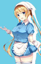 Rule 34 | 1girl, apron, blend s, blonde hair, blue background, blue eyes, blue shirt, blue theme, breasts, buttons, collared dress, curtsey, dress, frilled apron, frills, gloves, guillotine (guillo twin), hair between eyes, head scarf, highres, hinata kaho, large breasts, long hair, looking at viewer, open mouth, shadow, shirt, short dress, short sleeves, skirt hold, smile, standing, stile uniform, thighhighs, thighs, twintails, uniform, waist apron, waitress, white apron, white gloves, white headwear, white thighhighs
