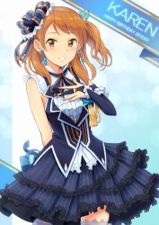 Rule 34 | 1girl, 2016, :d, anniversary gothic, arm behind back, bad id, bad pixiv id, bridal gauntlets, brown hair, character name, cowboy shot, dated, earrings, frilled skirt, frills, grey thighhighs, grin, hair ornament, happy birthday, highres, houjou karen, idolmaster, idolmaster cinderella girls, jewelry, layered skirt, long hair, looking at viewer, monza, open mouth, ring, side ponytail, skirt, smile, solo, standing, striped clothes, striped skirt, thighhighs, vertical-striped clothes, vertical-striped skirt, yellow eyes