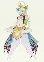 Rule 34 | 1girl, belt, egawa satsuki, full body, gloves, hat, indian style, loincloth, long hair, looking at viewer, musou orochi, musou orochi 2, nu wa, revealing clothes, silver background, silver hair, simple background, sitting, solo, tassel