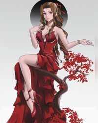 Rule 34 | 1girl, aerith gainsborough, aerith gainsborough (red dress), bare shoulders, bracelet, braid, braided ponytail, branch, breasts, brown hair, closed mouth, dress, final fantasy, final fantasy vii, final fantasy vii remake, green eyes, hair ribbon, hand up, high heels, highres, jewelry, lips, long hair, medium breasts, necklace, notgustiarp, official alternate costume, red dress, red footwear, red ribbon, ribbon, sidelocks, sitting, sitting on branch, solo, square enix, strapless, strapless dress, thighs, tree, wall market, wavy hair, white background