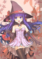 Rule 34 | 1girl, :d, alternate costume, bad id, bad pixiv id, blush, breasts, cape, cleavage, crescent, culter, dress, elbow gloves, female focus, gloves, halloween, hat, hat ribbon, highres, long hair, open mouth, patchouli knowledge, purple eyes, purple hair, ribbon, smile, solo, striped clothes, striped dress, striped thighhighs, thighhighs, touhou, vertical stripes, wand, witch hat